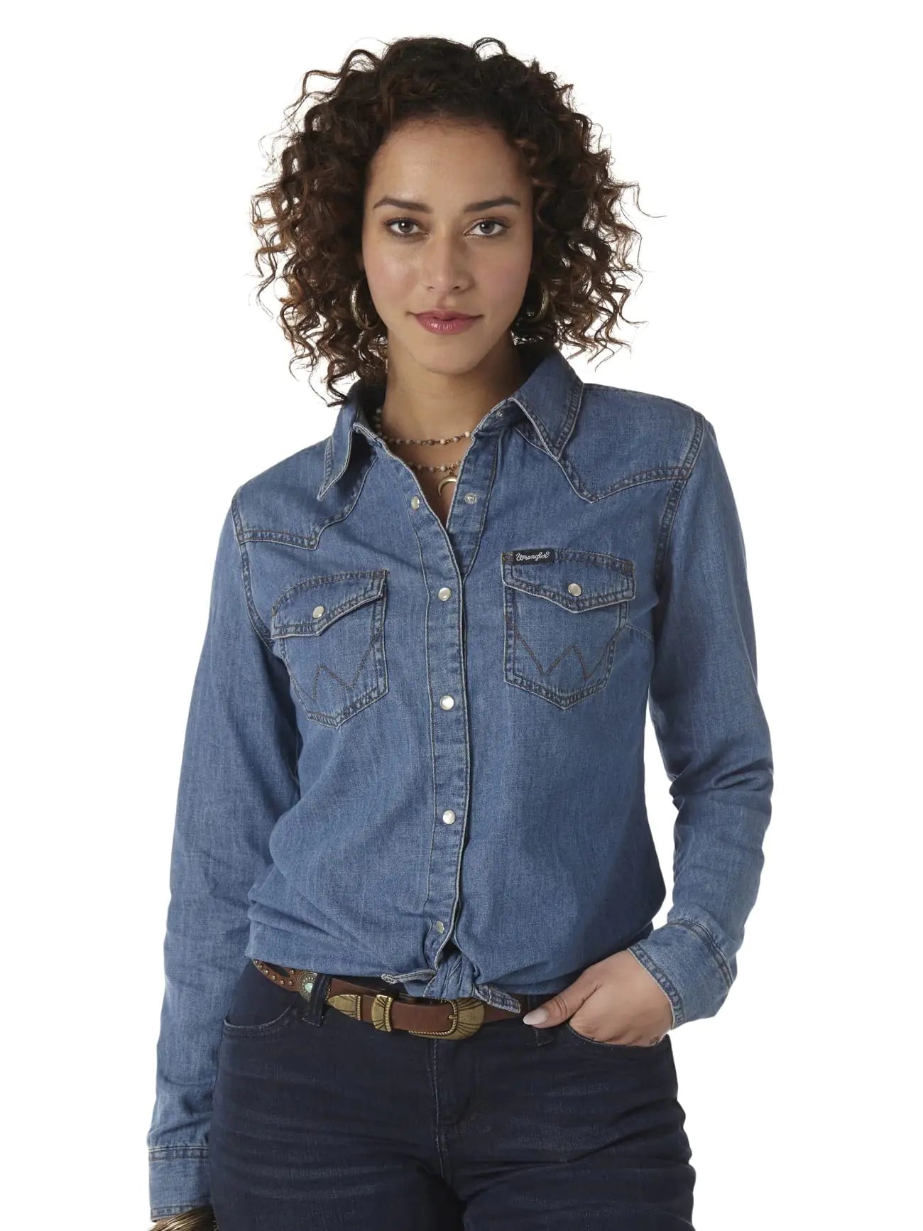 Wrangler Womens Retro Long Sleeve Western Snap Shirt Mid Denim Small