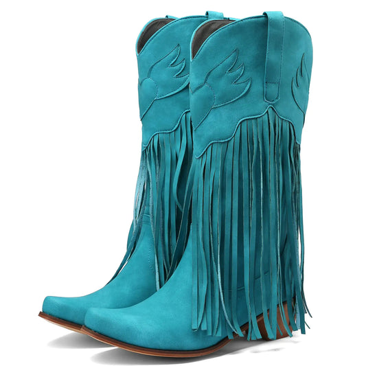 Women Fringe Cowboy Boots Square Toe Mid Calf