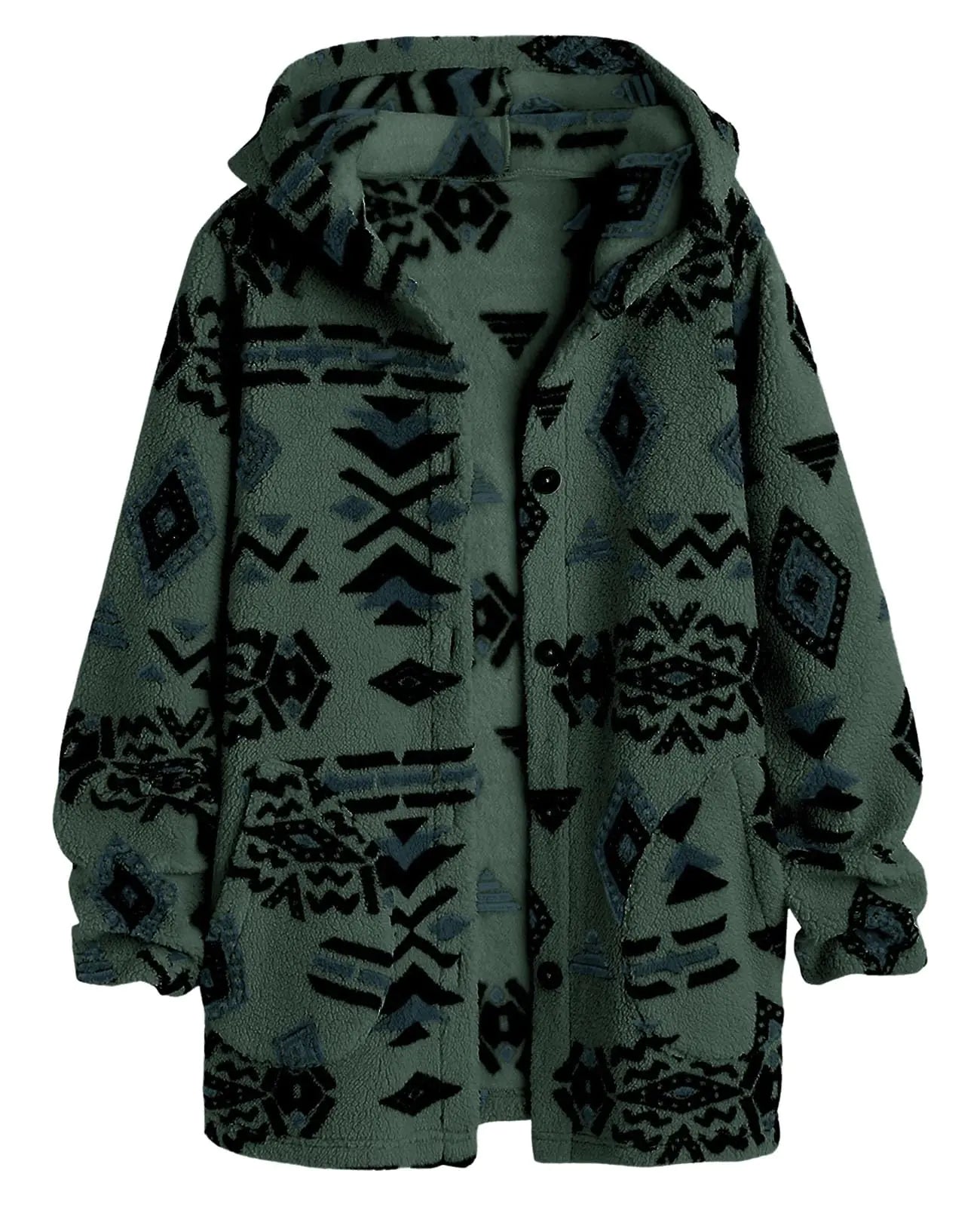 Womens Aztec Print Fleece Hoodie Jacket Button Down Shacket Casual Sherpa Coats Warm Outwear with Pockets Green-M