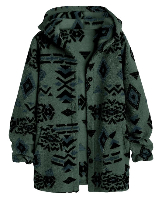 Womens Aztec Print Fleece Hoodie Jacket Button Down Shacket Casual Sherpa Coats Warm Outwear with Pockets Green-M
