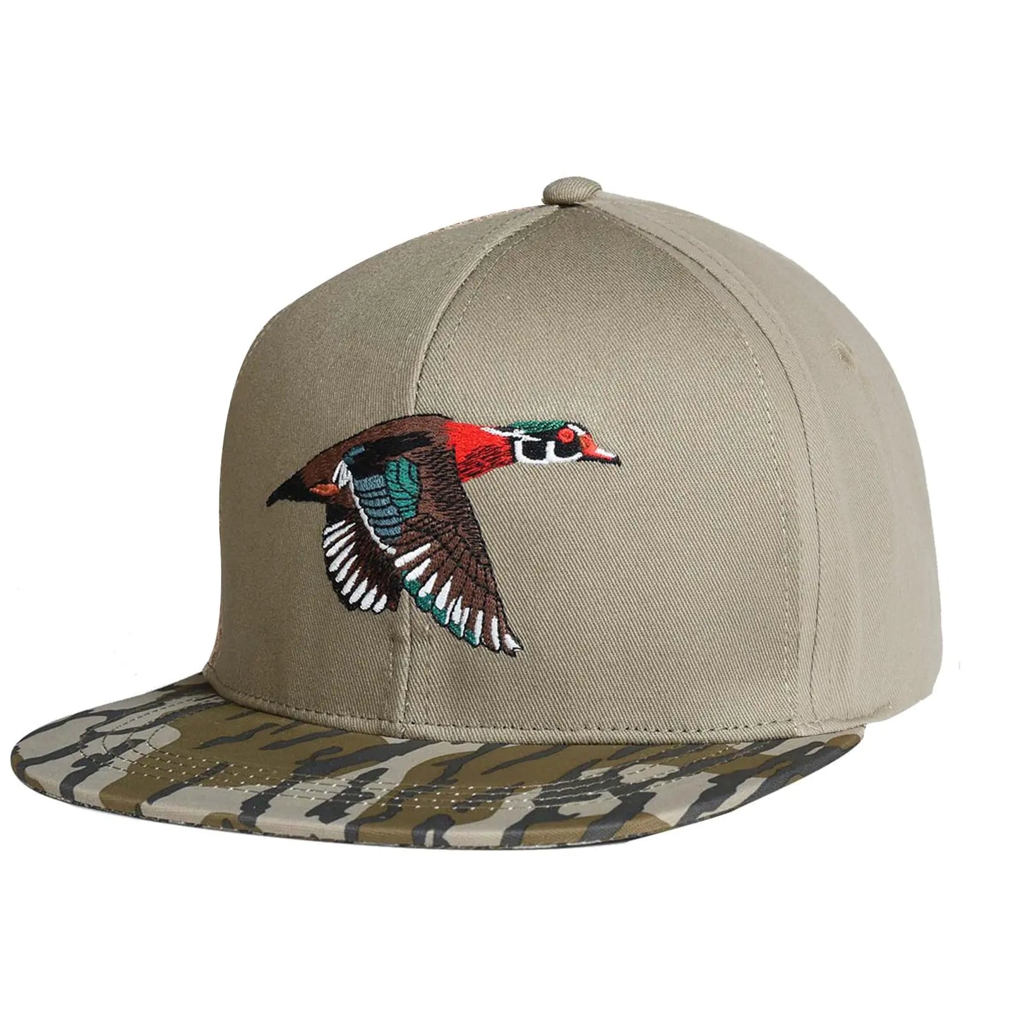 Boys Snapback Hat with Flat Brim (Wood Ash with Bottomland Camo - Wood Duck)