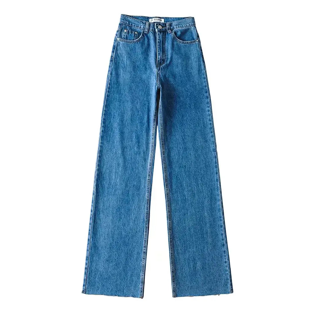 High Waisted Raw Edge Wide Leg Denim Trousers