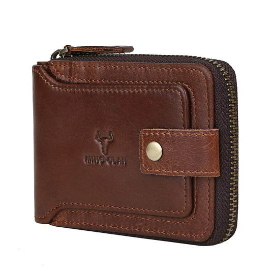 RFID Blocking Leather Bifold Wallets For Men - Flap ID Window Zip Coin Pocket Mens Zipper Wallets - Big Capacity Credit Card Travel Wallet (Brown)