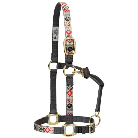 Weaver Equine Nylon Horse Halter Patterned Webbing Adjustable Chin & Throat Snap Halters for Horses Equine TackAverage Size Crimson Aztec