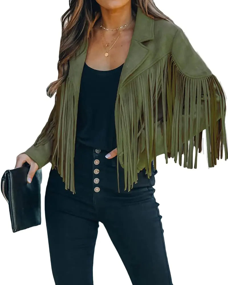 Womens Faux Suede Leather Fringe Jacket