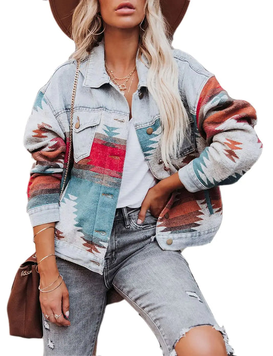 Womens Aztec Shacket Distressed Lapel Long Sleeve Button Down Jean Denim Jacket Coat (02Light Blue X-Large)