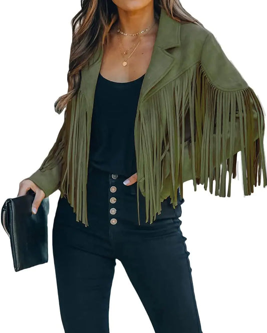 Womens Faux Suede Leather Fringe Jacket