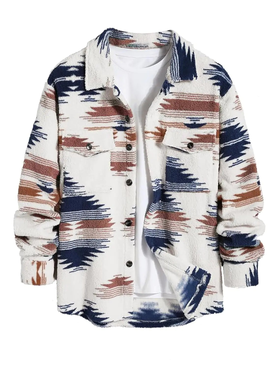 Mens Aztec Printed Thermal Fluffy Fleece Flap Pocket Button Front Long Sleeve Jacket Winter Coat (6-Blue M)