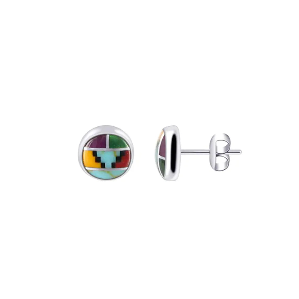 6mm Round Multicolor Southwestern Style Sterling Silver Stud Earrings