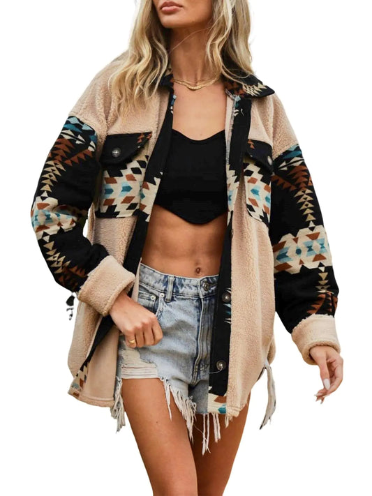 Womens Casual Fleece Aztec Button Down Jacket