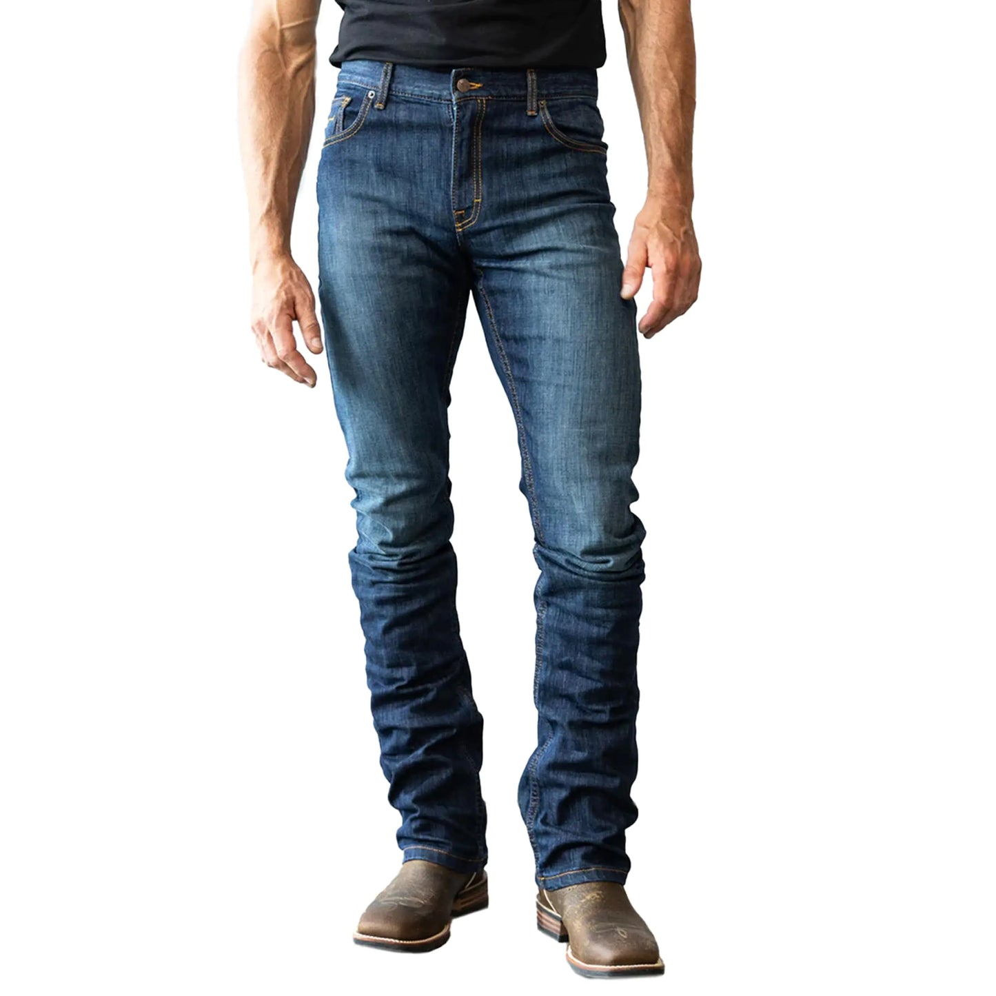 Kimes Ranch Mens Roger Casual Western Cowboy Classic Mid Low Rise Slim Fit & Boot Cut Blue Denim Jeans 34W x 30L