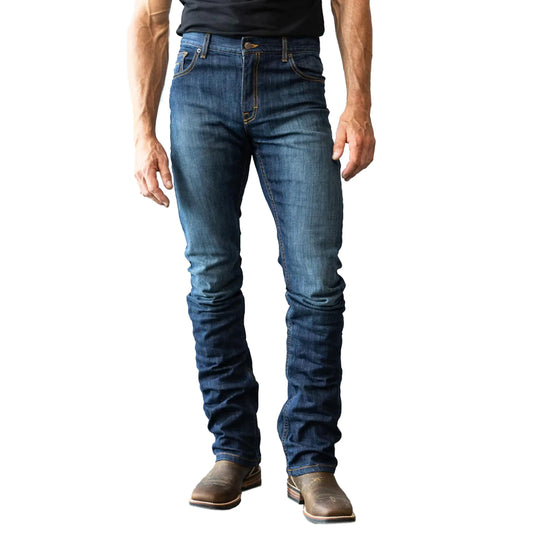 Kimes Ranch Mens Roger Casual Western Cowboy Classic Mid Low Rise Slim Fit & Boot Cut Blue Denim Jeans 34W x 30L